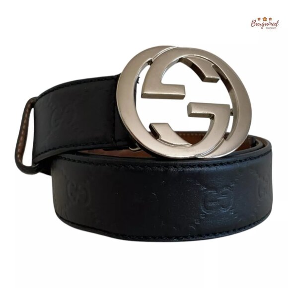 Authentic Gucci Black Guccissima Leather Silver Interlocking G Buckle Belt 95/38